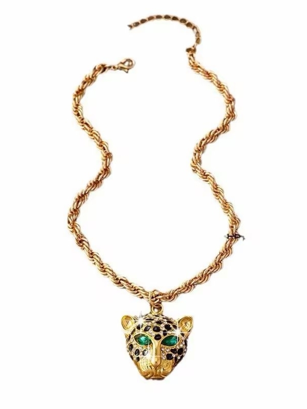 Gold Leopard Head Pendant Necklace with Green and Black Details - Picture 5 of 6
